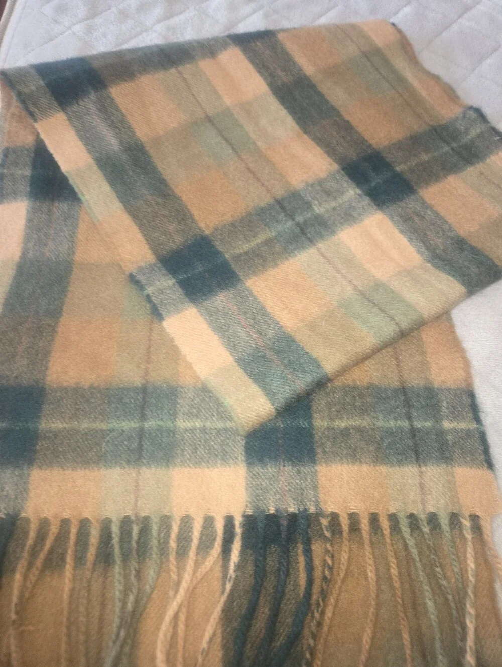 Brooks Brothers Tan and Green Plaid Wool Scarf